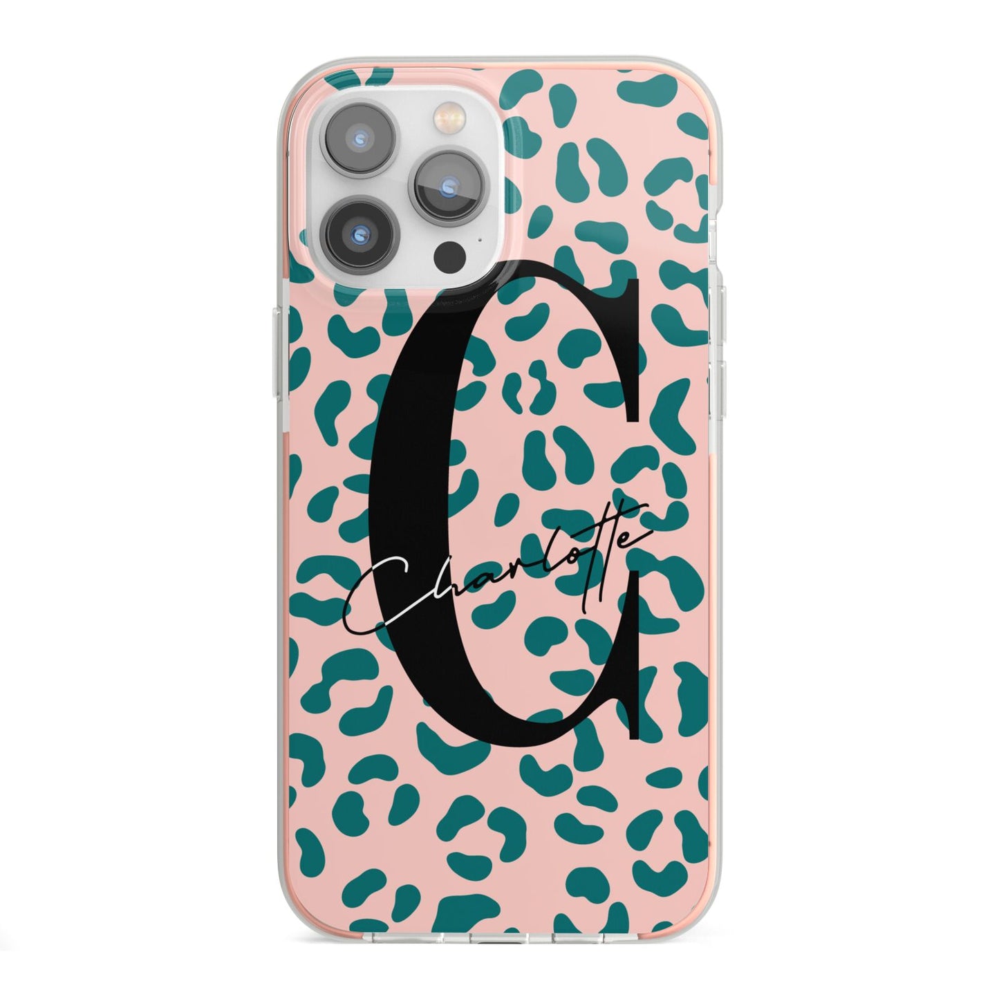 Personalised Leopard Print Pink Green iPhone 13 Pro Max TPU Impact Case with Pink Edges