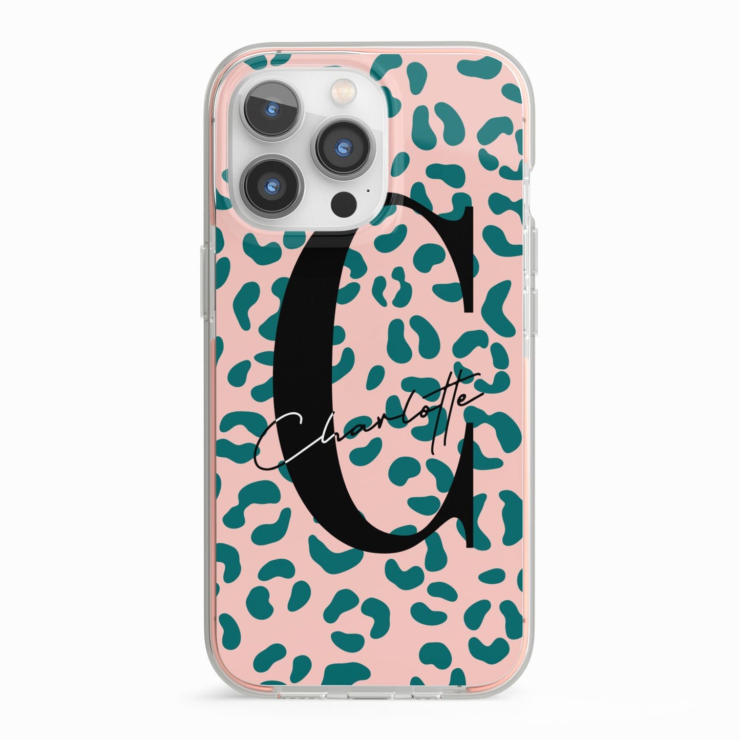 Personalised Leopard Print Pink Green iPhone 13 Pro TPU Impact Case with Pink Edges