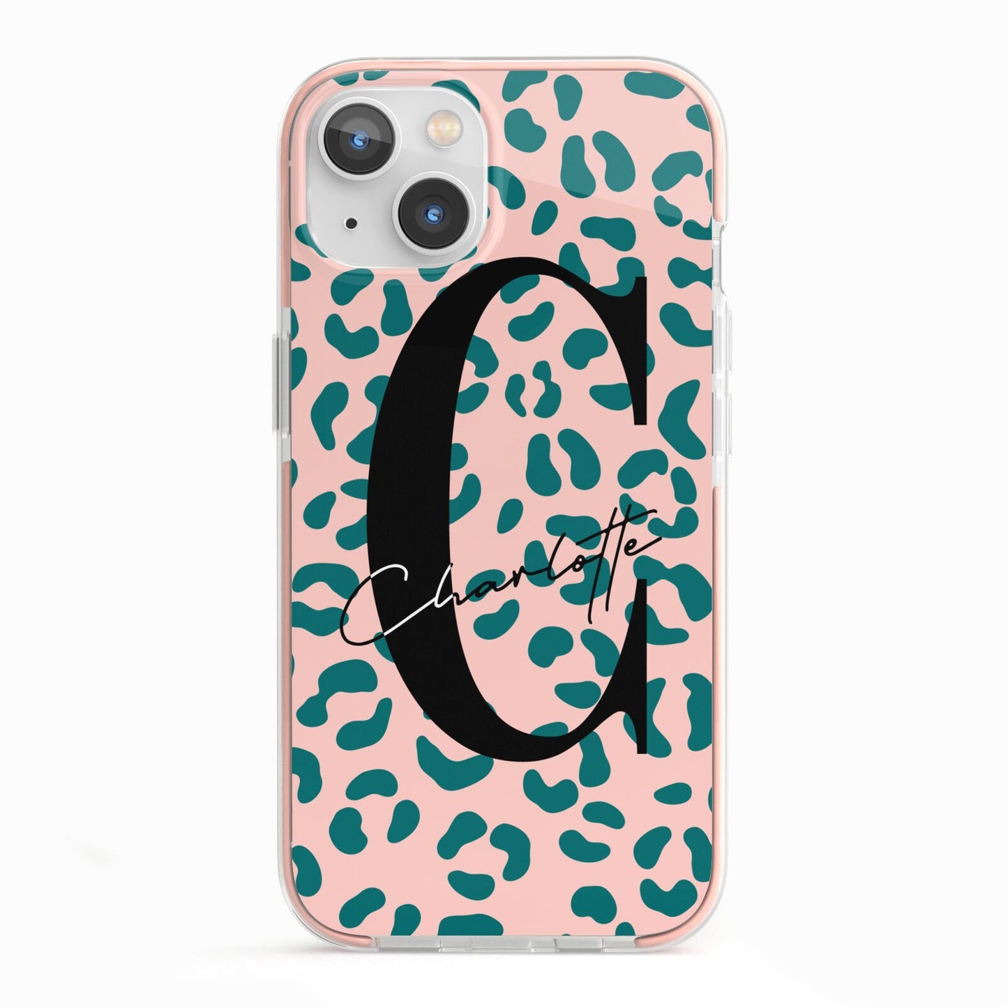 Personalised Leopard Print Pink Green iPhone 13 TPU Impact Case with Pink Edges