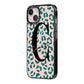 Personalised Leopard Print Pink Green iPhone 14 Black Impact Case Side Angle on Silver phone