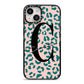 Personalised Leopard Print Pink Green iPhone 14 Black Impact Case on Silver phone