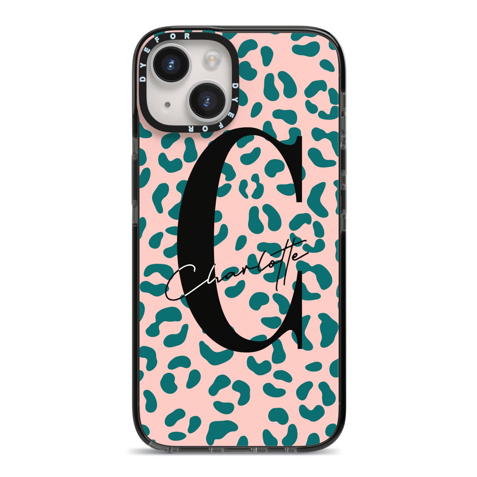 Personalised Leopard Print Pink Green iPhone 14 Black Impact Case on Silver phone