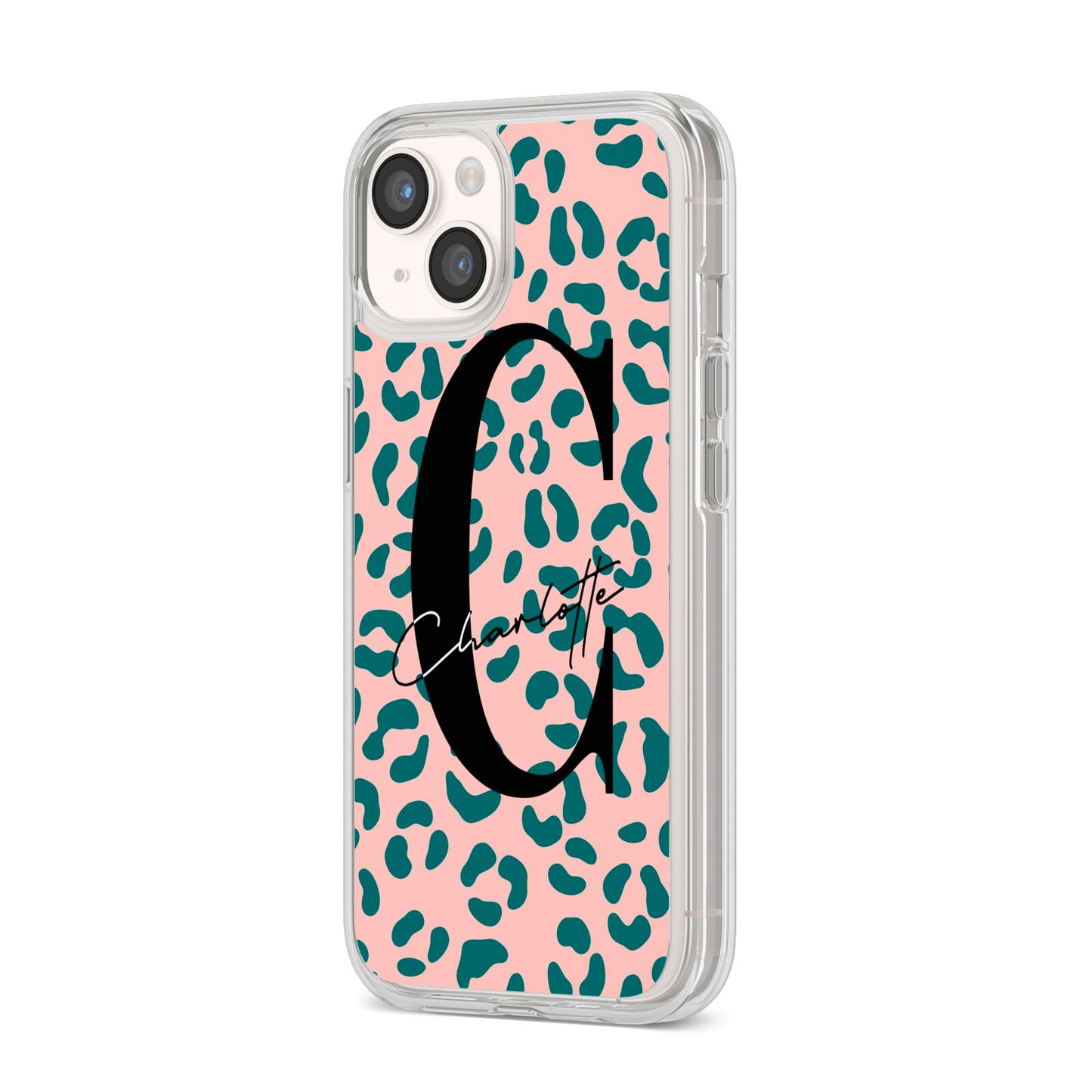 Personalised Leopard Print Pink Green iPhone 14 Clear Tough Case Starlight Angled Image