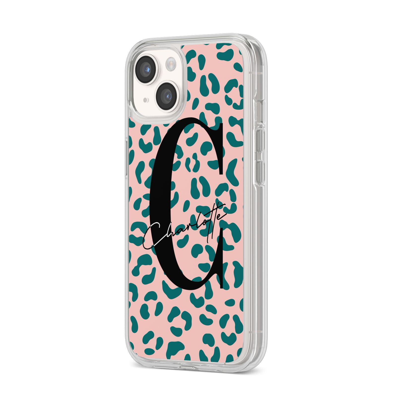 Personalised Leopard Print Pink Green iPhone 14 Clear Tough Case Starlight Angled Image