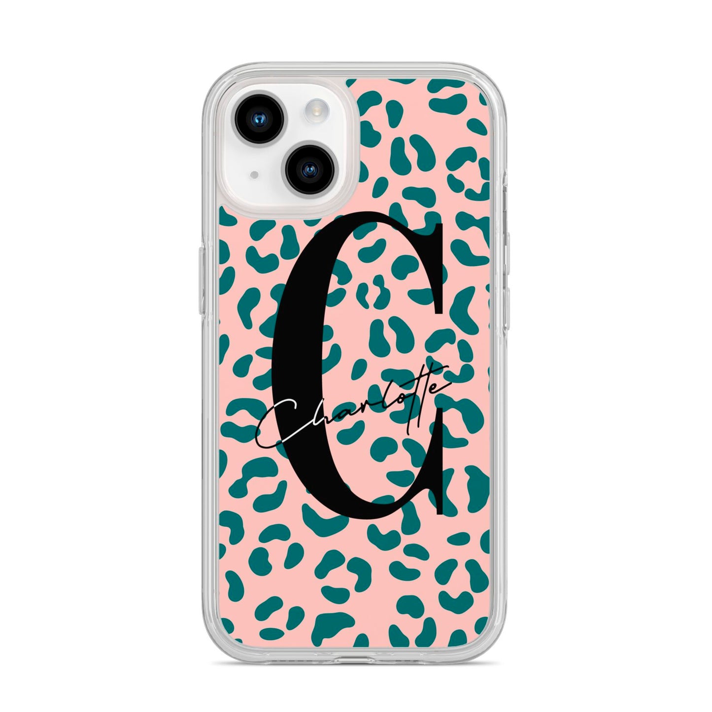 Personalised Leopard Print Pink Green iPhone 14 Clear Tough Case Starlight