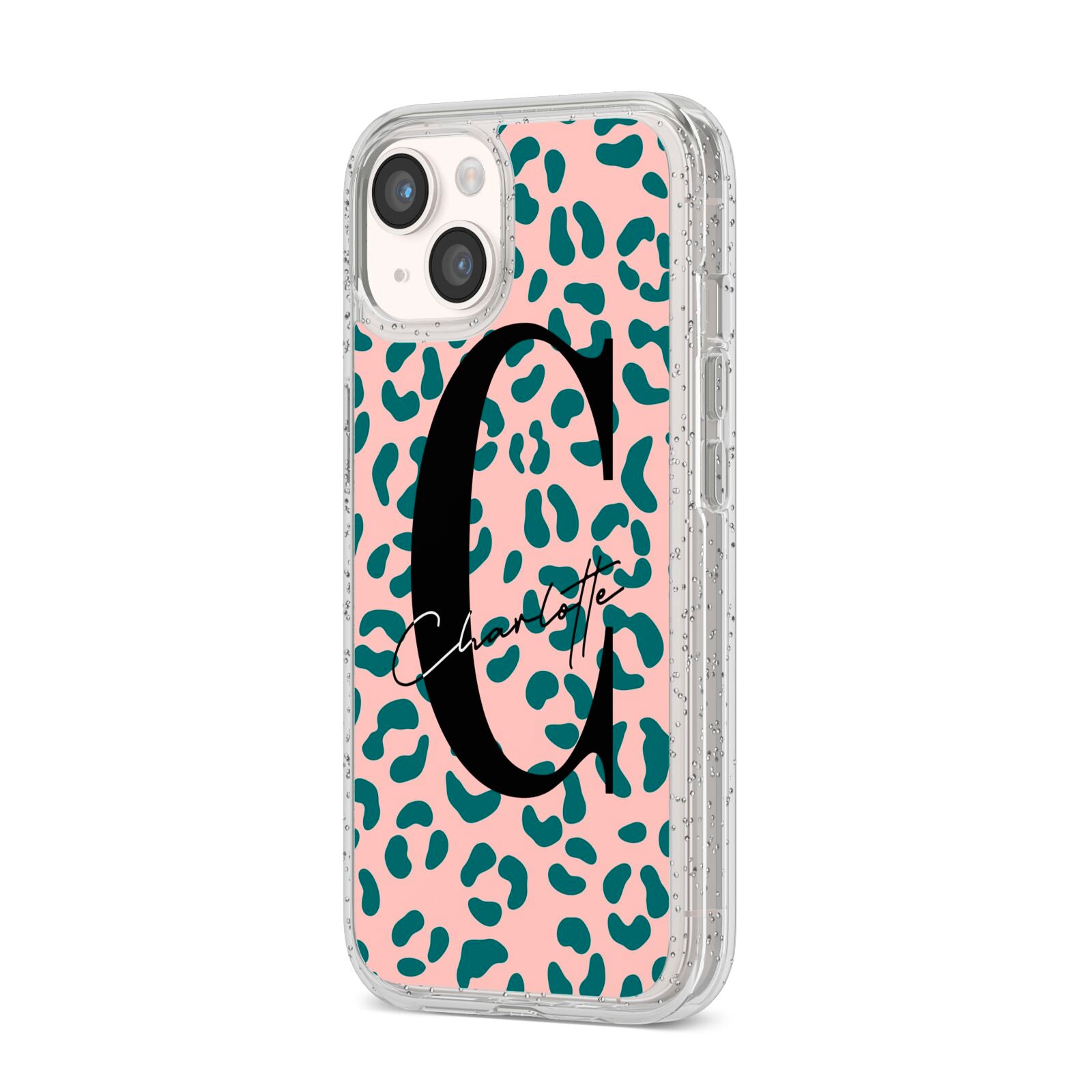 Personalised Leopard Print Pink Green iPhone 14 Glitter Tough Case Starlight Angled Image