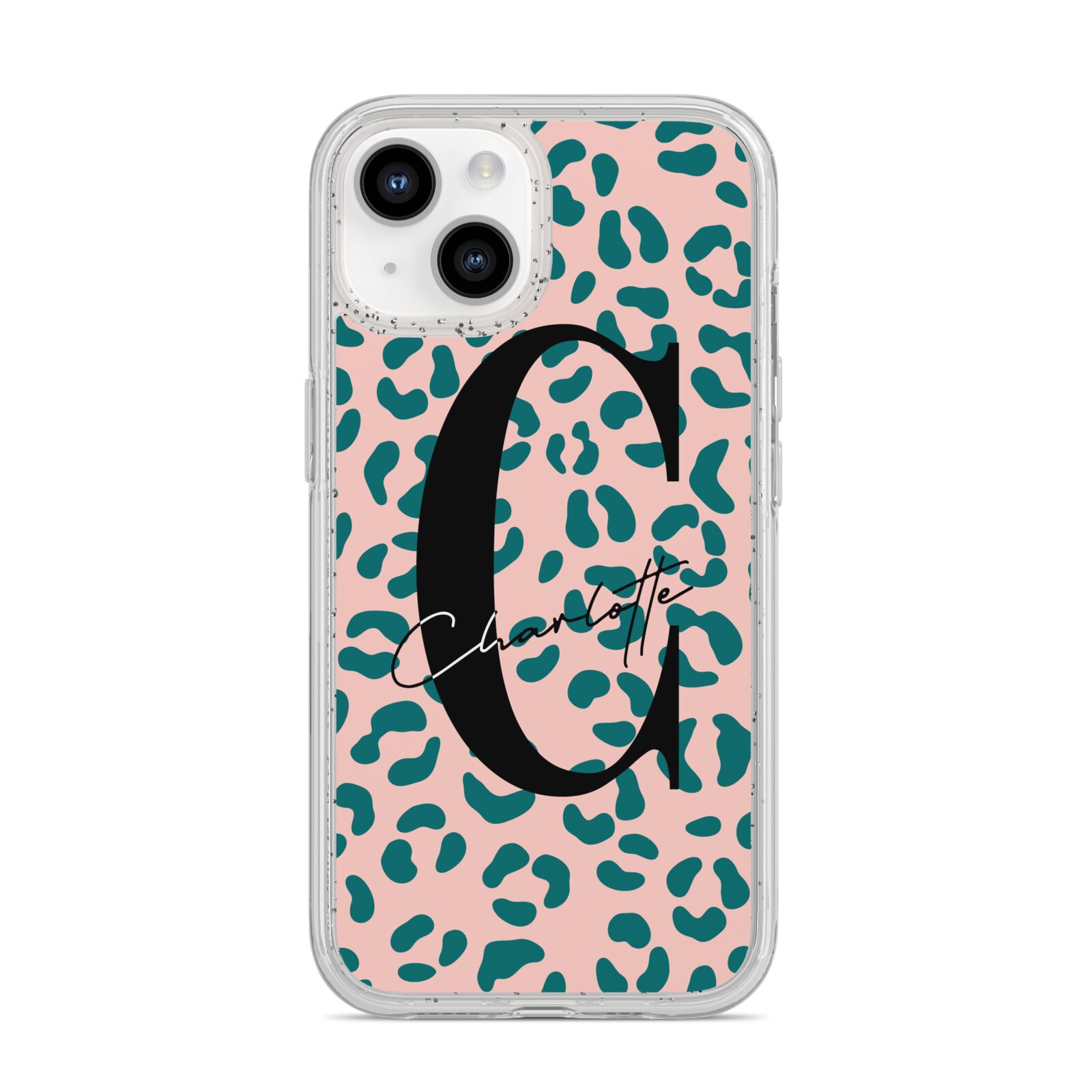Personalised Leopard Print Pink Green iPhone 14 Glitter Tough Case Starlight