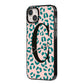 Personalised Leopard Print Pink Green iPhone 14 Plus Black Impact Case Side Angle on Silver phone
