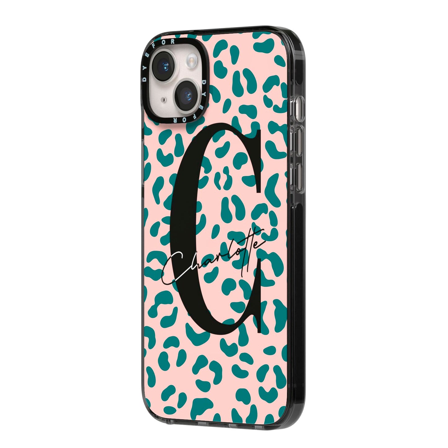 Personalised Leopard Print Pink Green iPhone 14 Plus Black Impact Case Side Angle on Silver phone