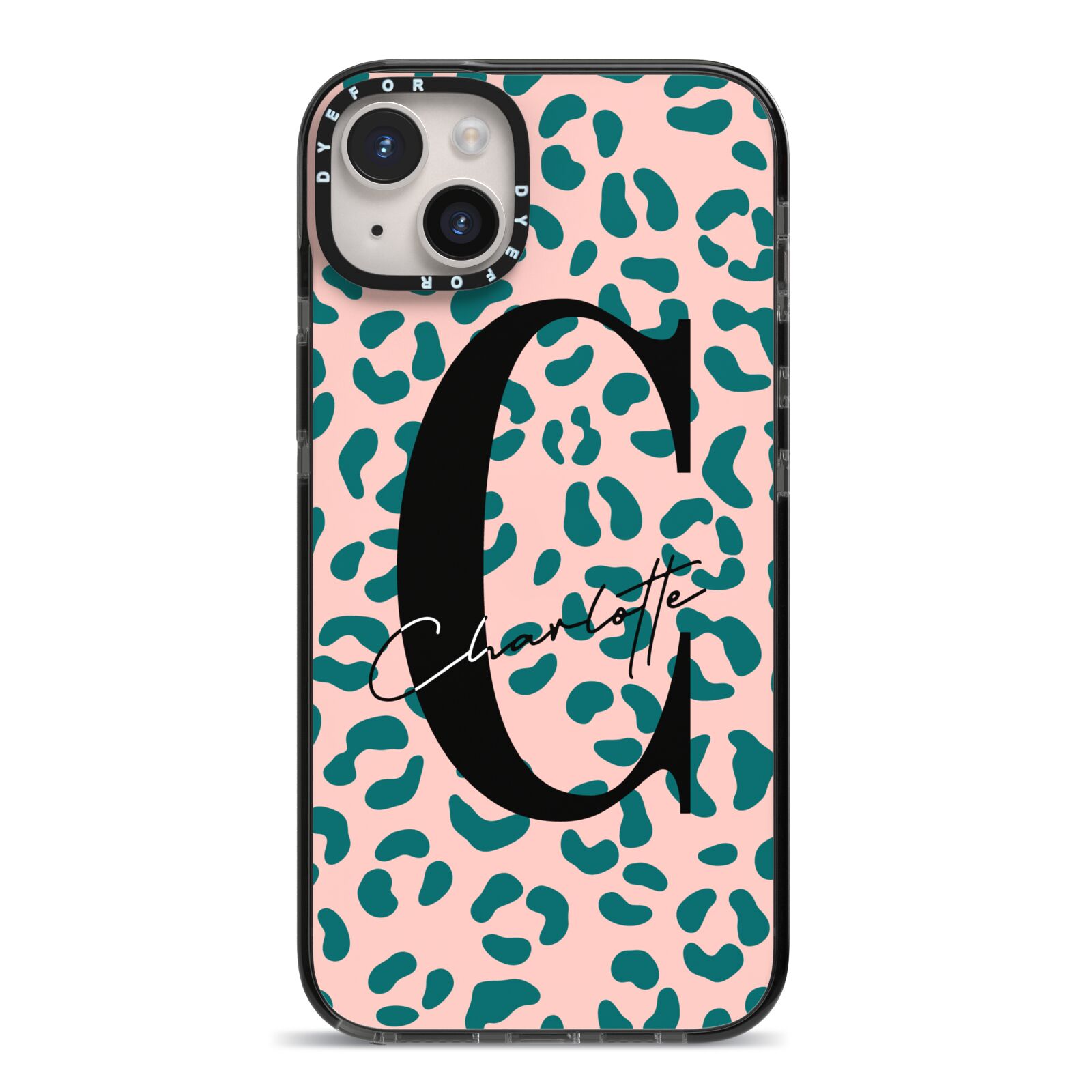 Personalised Leopard Print Pink Green iPhone 14 Plus Black Impact Case on Silver phone