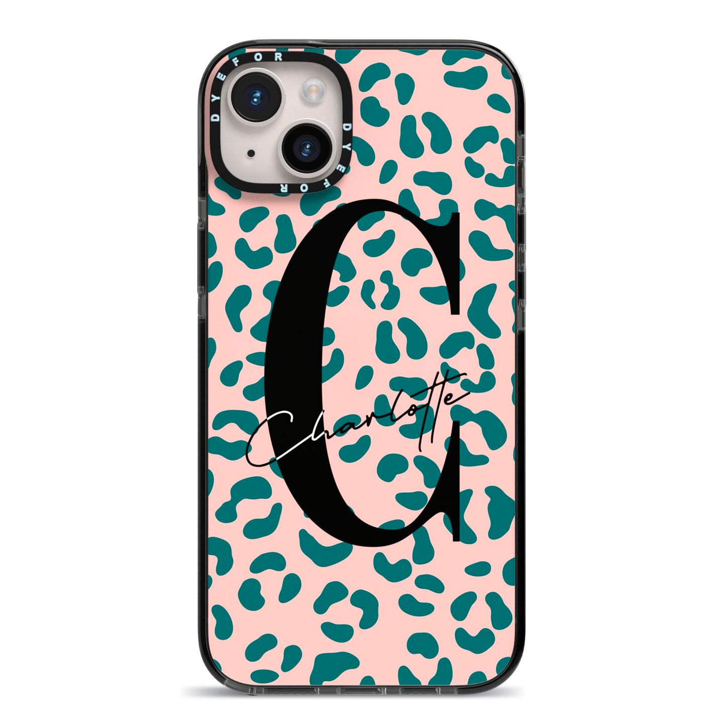 Personalised Leopard Print Pink Green iPhone 14 Plus Black Impact Case on Silver phone