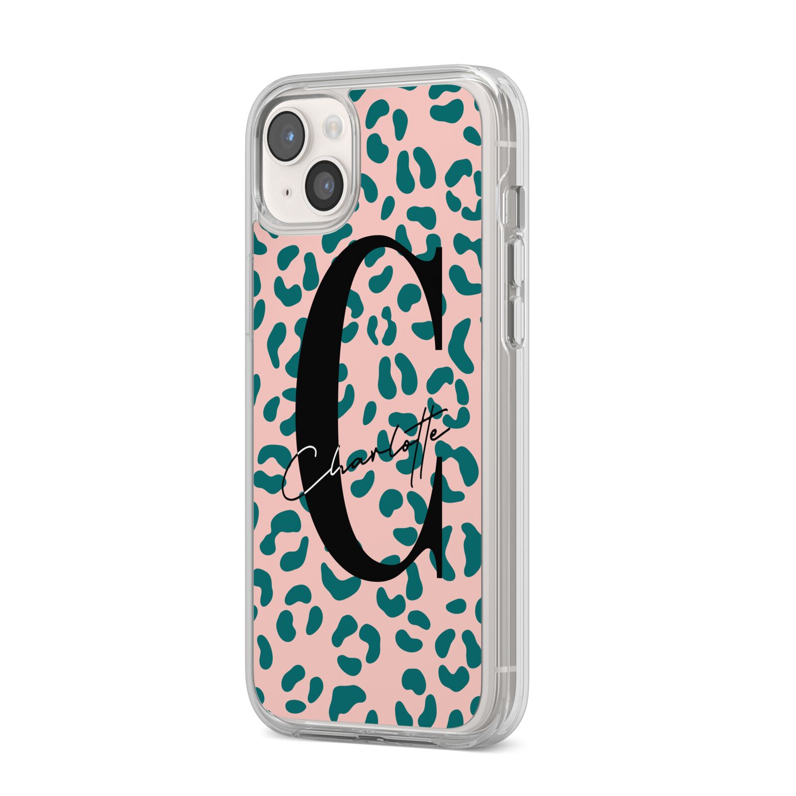 Personalised Leopard Print Pink Green iPhone 14 Plus Clear Tough Case Starlight Angled Image