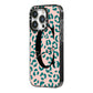 Personalised Leopard Print Pink Green iPhone 14 Pro Black Impact Case Side Angle on Silver phone