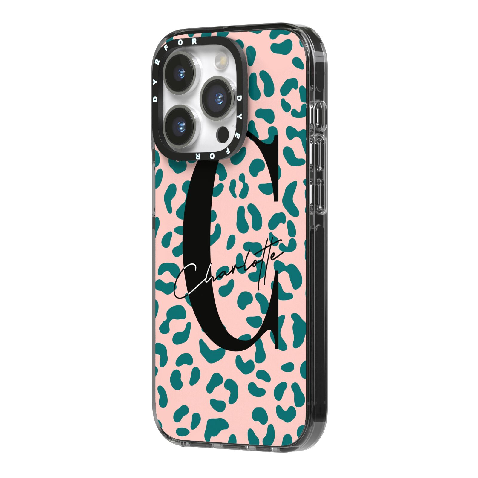 Personalised Leopard Print Pink Green iPhone 14 Pro Black Impact Case Side Angle on Silver phone