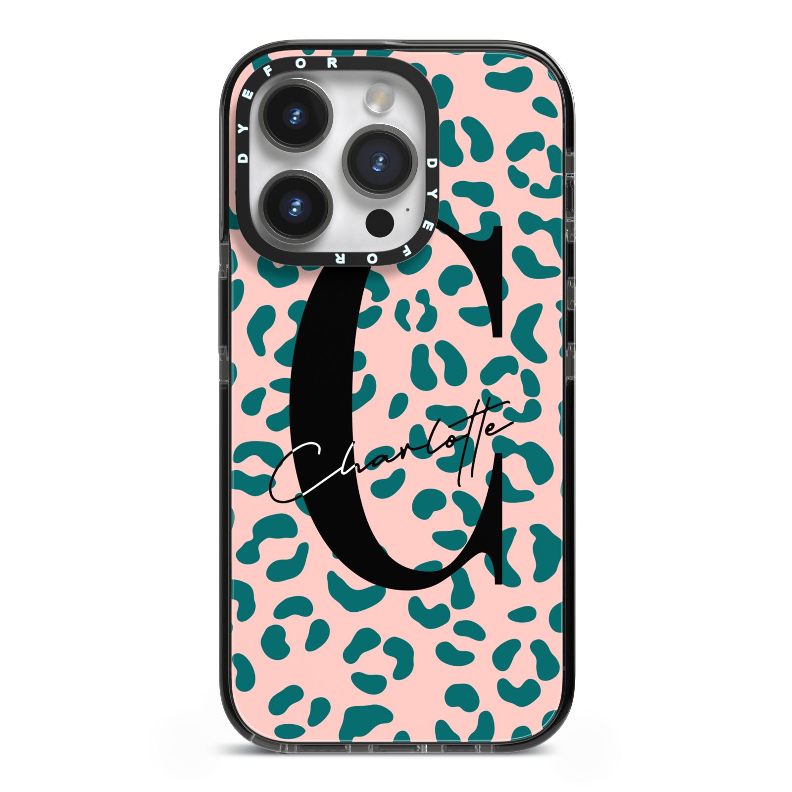 Personalised Leopard Print Pink Green iPhone 14 Pro Black Impact Case on Silver phone