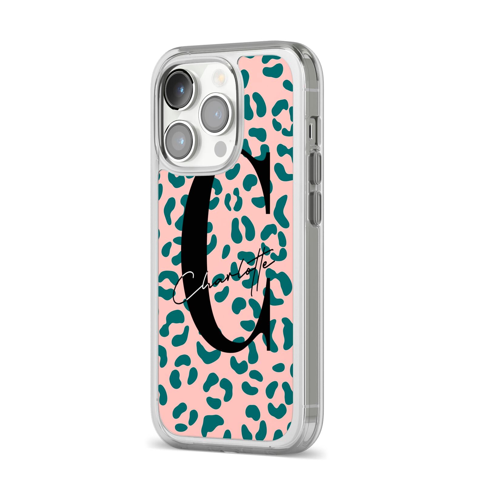 Personalised Leopard Print Pink Green iPhone 14 Pro Clear Tough Case Silver Angled Image