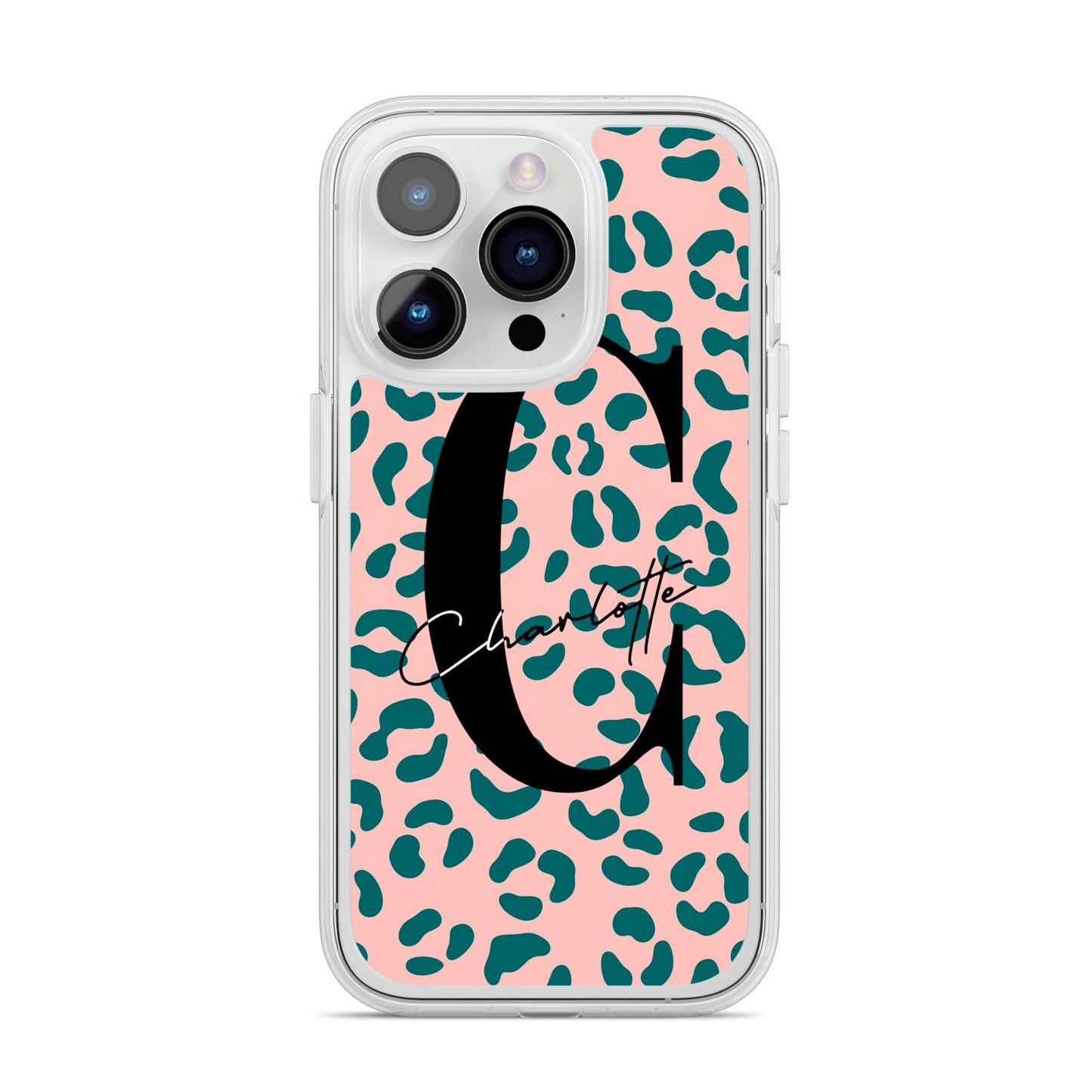 Personalised Leopard Print Pink Green iPhone 14 Pro Clear Tough Case Silver