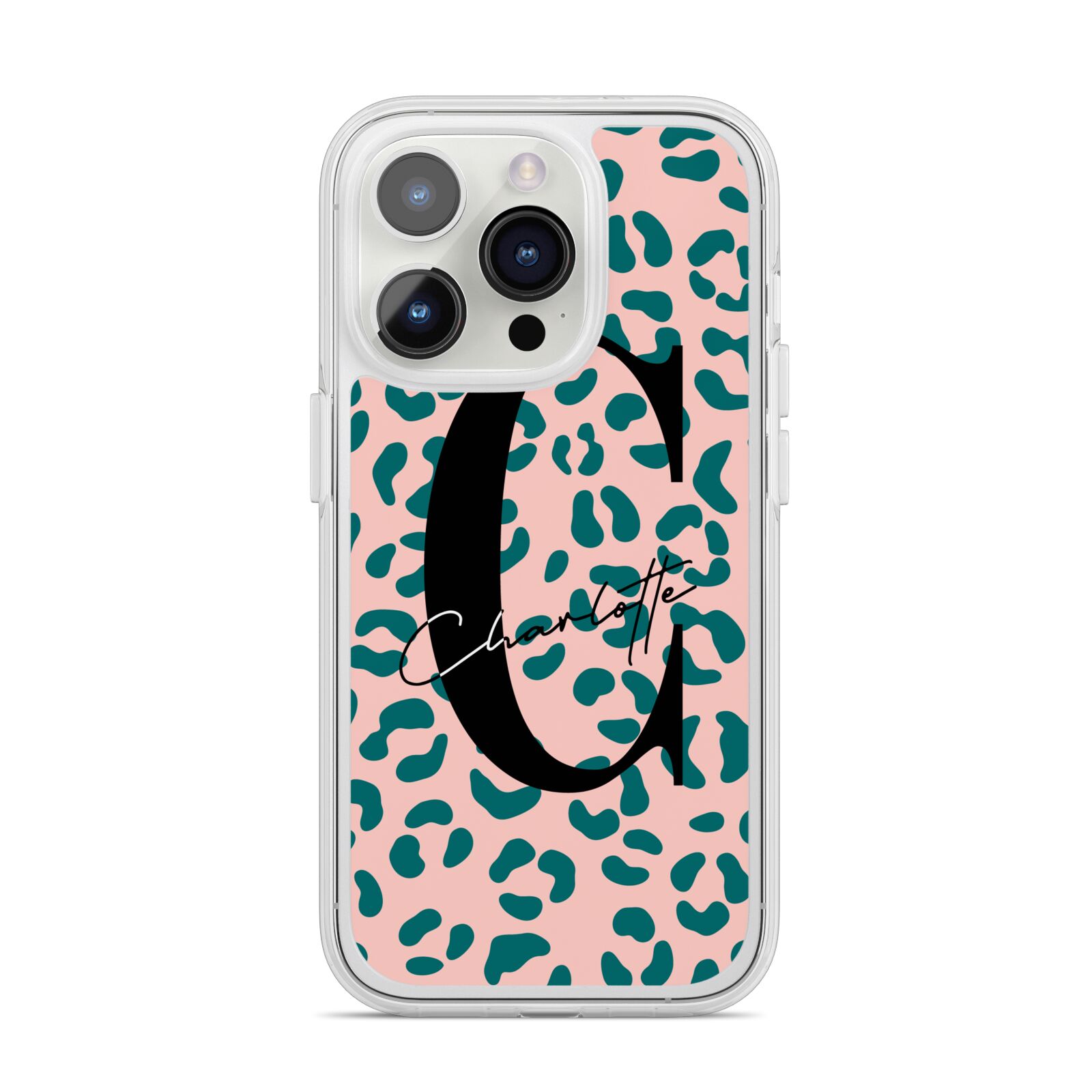 Personalised Leopard Print Pink Green iPhone 14 Pro Clear Tough Case Silver