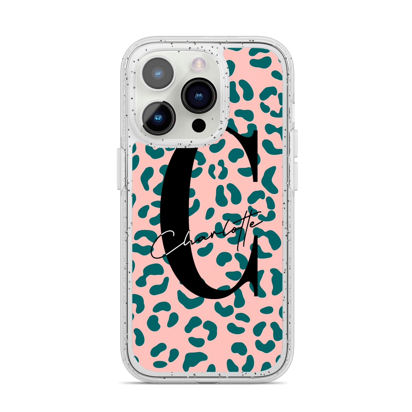 Personalised Leopard Print Pink Green iPhone 14 Pro Glitter Tough Case Silver