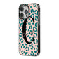 Personalised Leopard Print Pink Green iPhone 14 Pro Max Black Impact Case Side Angle on Silver phone