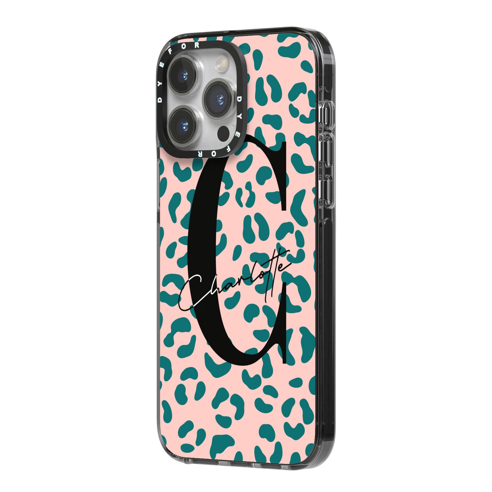 Personalised Leopard Print Pink Green iPhone 14 Pro Max Black Impact Case Side Angle on Silver phone