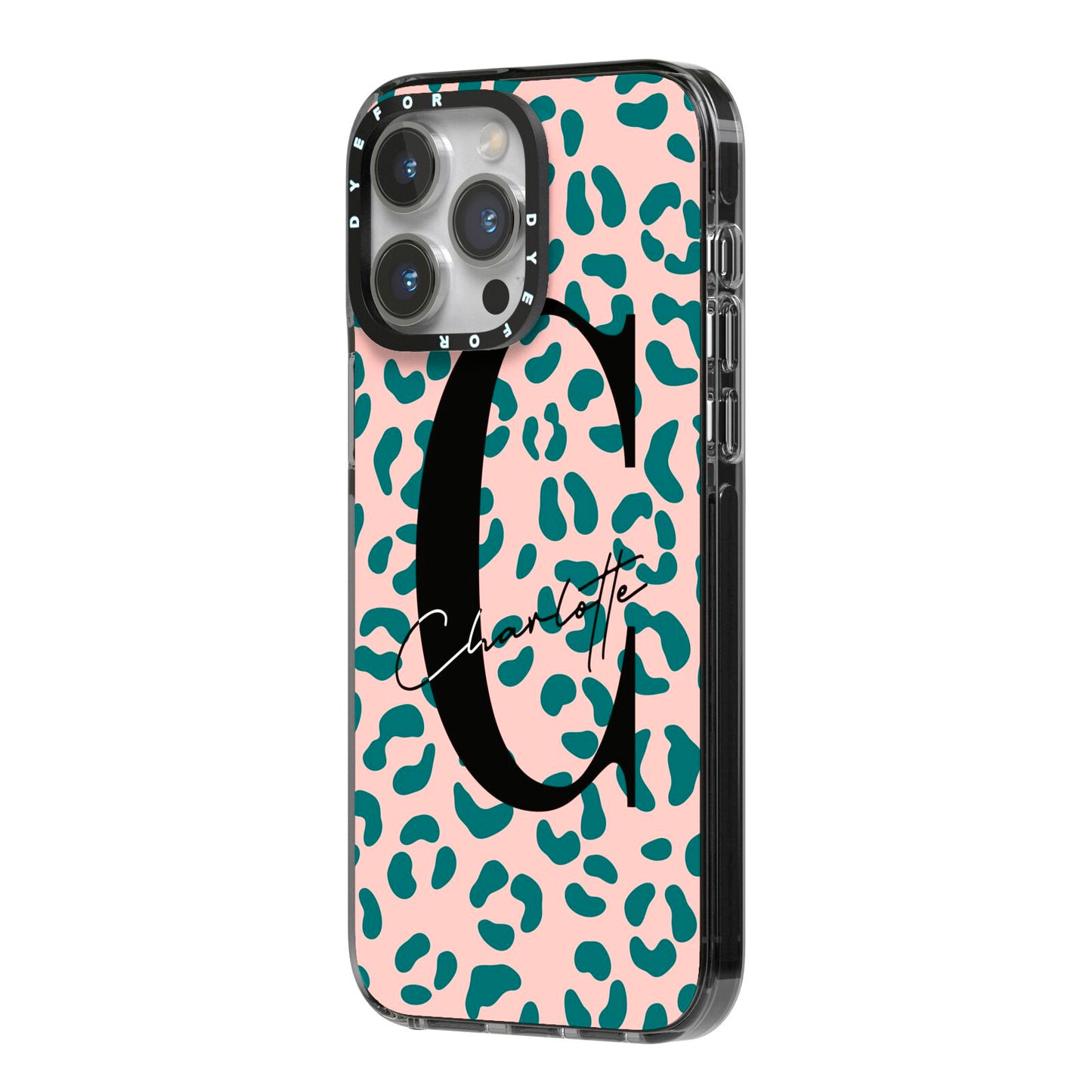 Personalised Leopard Print Pink Green iPhone 14 Pro Max Black Impact Case Side Angle on Silver phone
