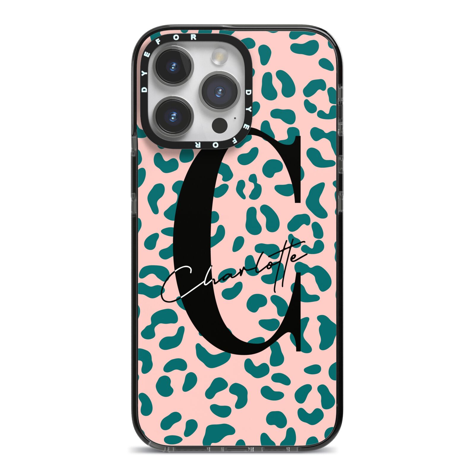 Personalised Leopard Print Pink Green iPhone 14 Pro Max Black Impact Case on Silver phone