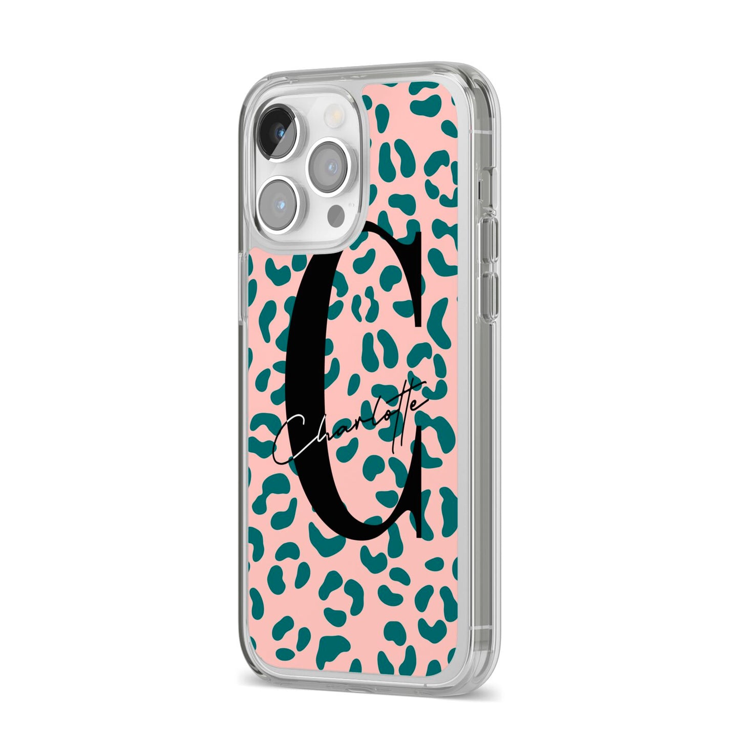 Personalised Leopard Print Pink Green iPhone 14 Pro Max Clear Tough Case Silver Angled Image