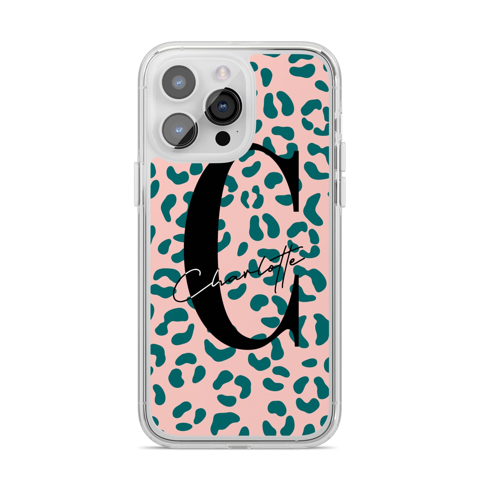 Personalised Leopard Print Pink Green iPhone 14 Pro Max Clear Tough Case Silver