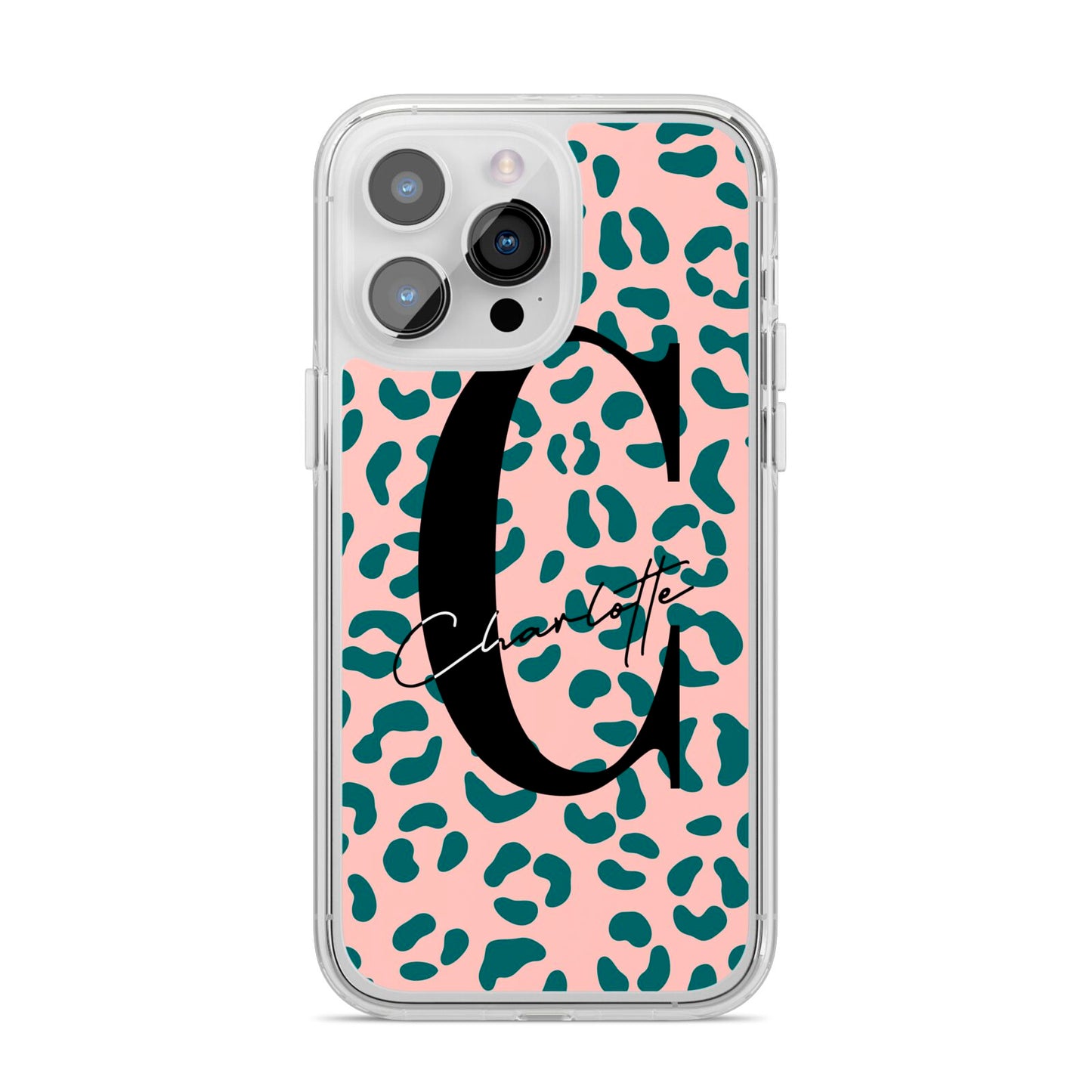 Personalised Leopard Print Pink Green iPhone 14 Pro Max Clear Tough Case Silver