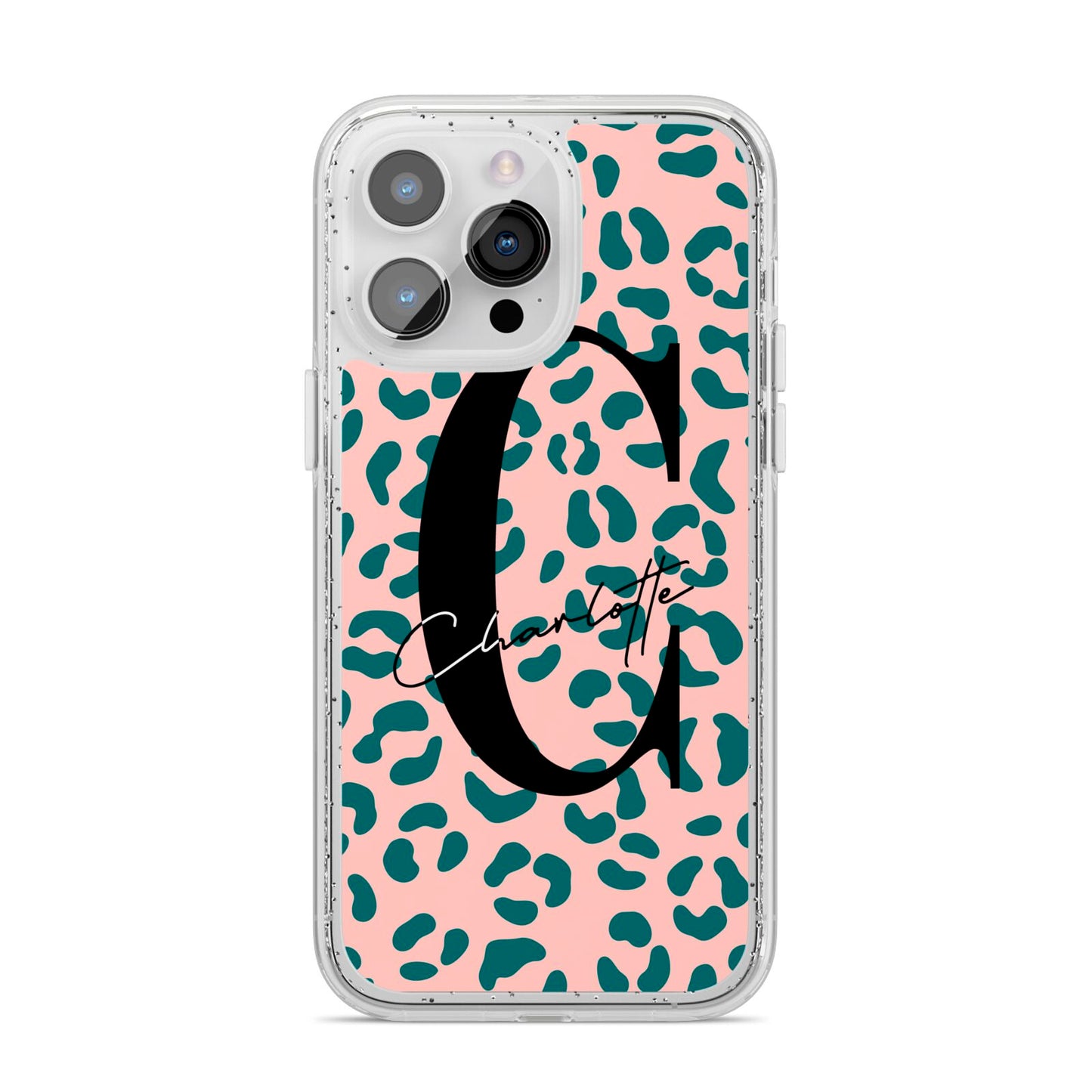 Personalised Leopard Print Pink Green iPhone 14 Pro Max Glitter Tough Case Silver