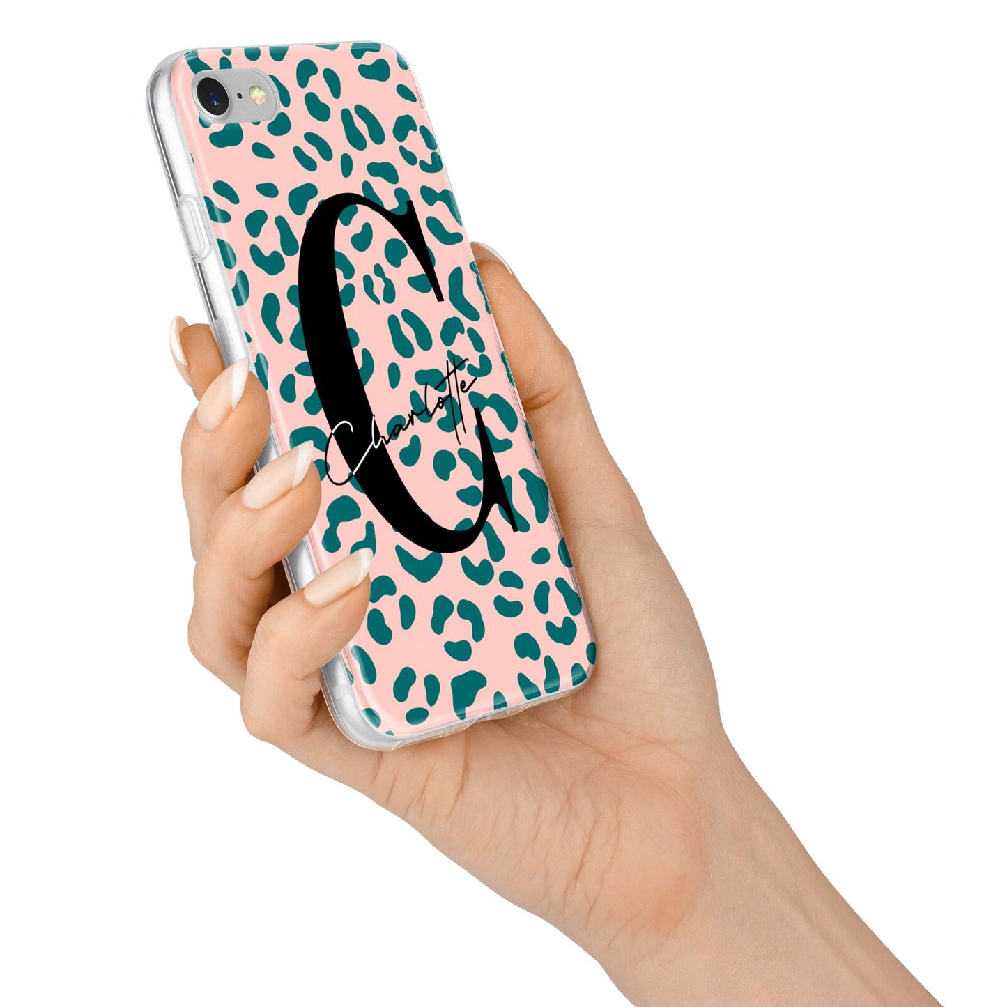 Personalised Leopard Print Pink Green iPhone 7 Bumper Case on Silver iPhone Alternative Image