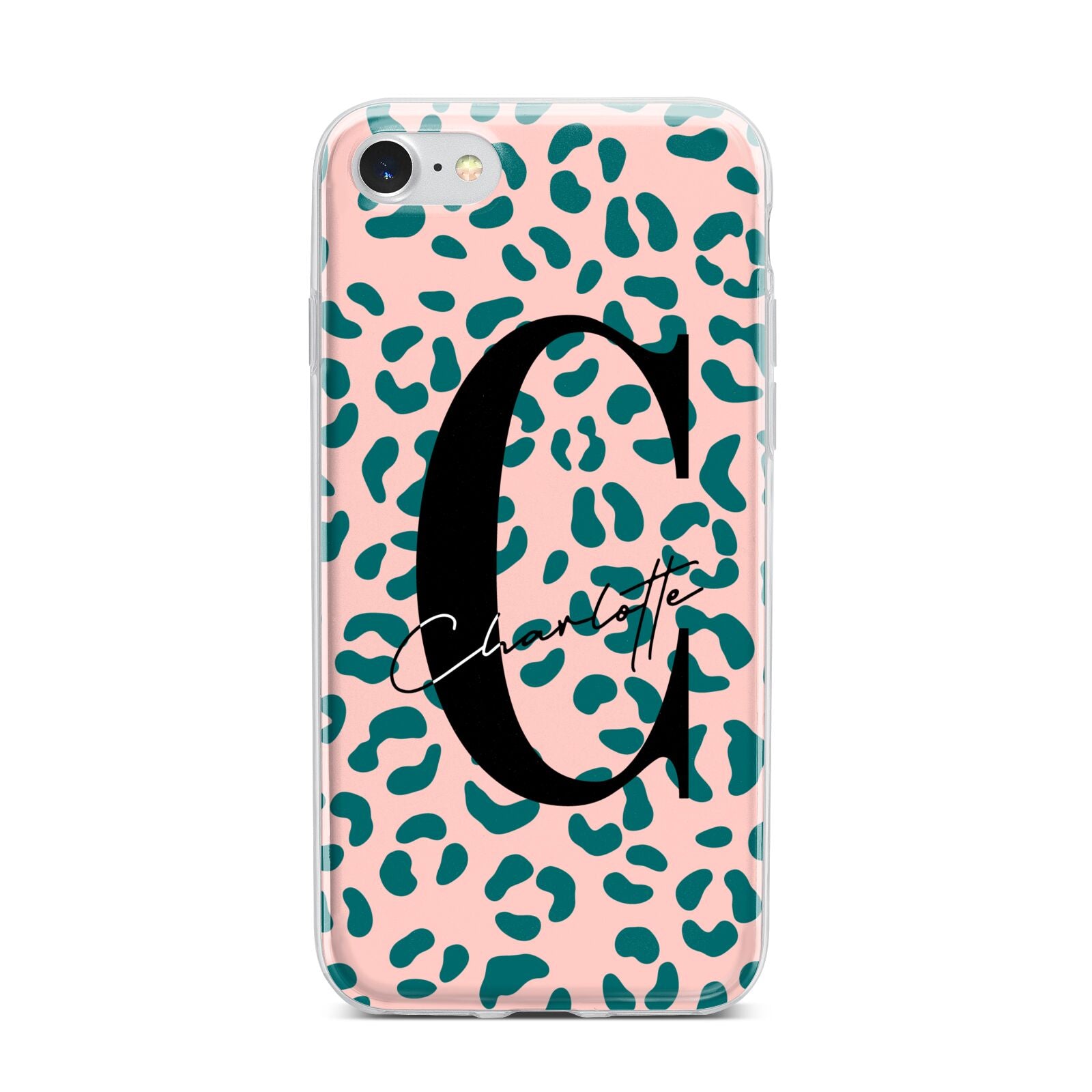 Personalised Leopard Print Pink Green iPhone 7 Bumper Case on Silver iPhone