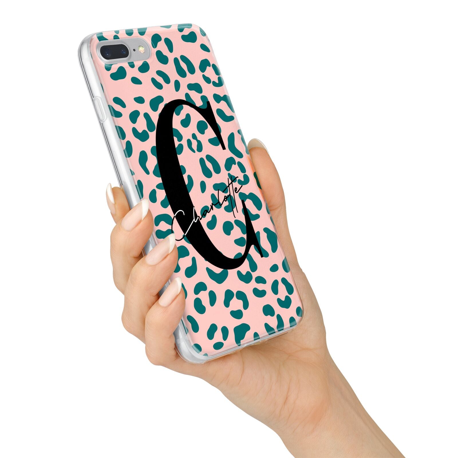 Personalised Leopard Print Pink Green iPhone 7 Plus Bumper Case on Silver iPhone Alternative Image