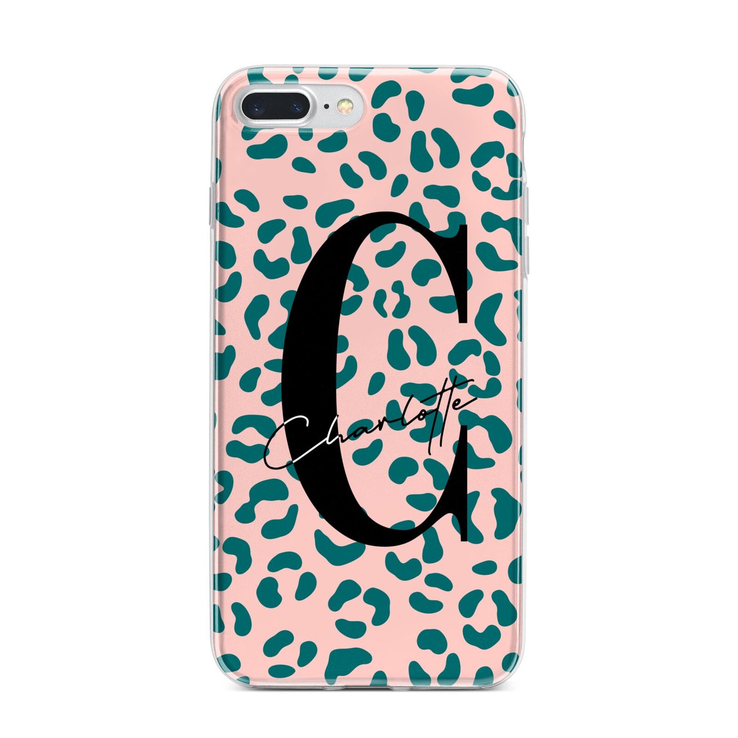 Personalised Leopard Print Pink Green iPhone 7 Plus Bumper Case on Silver iPhone