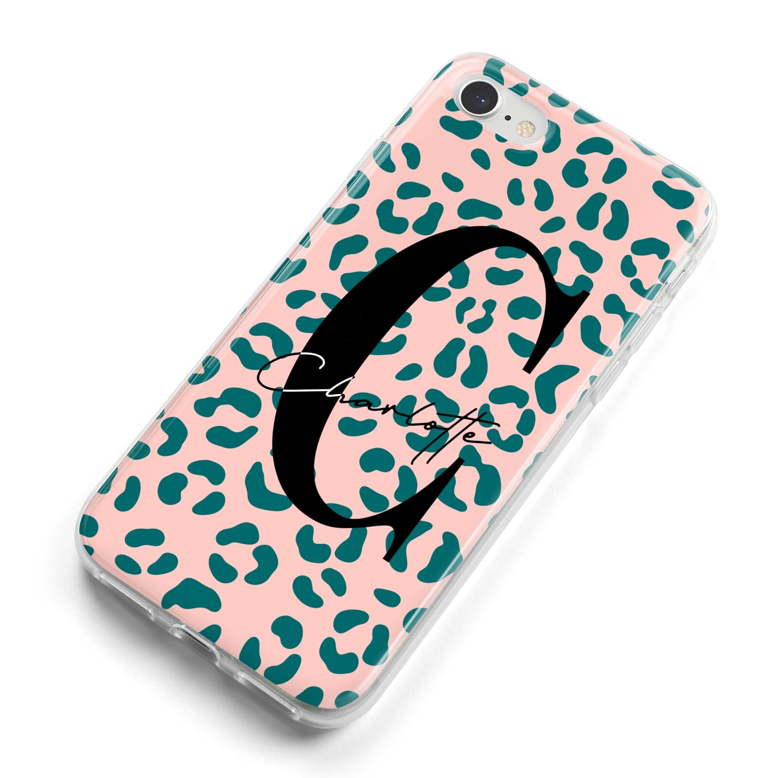 Personalised Leopard Print Pink Green iPhone 8 Bumper Case on Silver iPhone Alternative Image