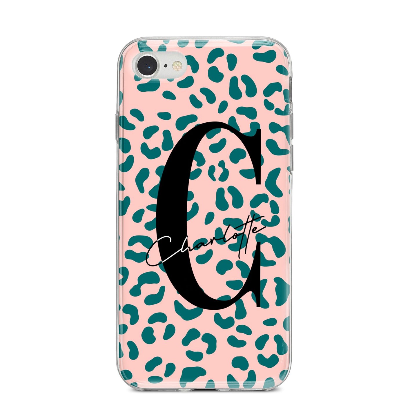 Personalised Leopard Print Pink Green iPhone 8 Bumper Case on Silver iPhone