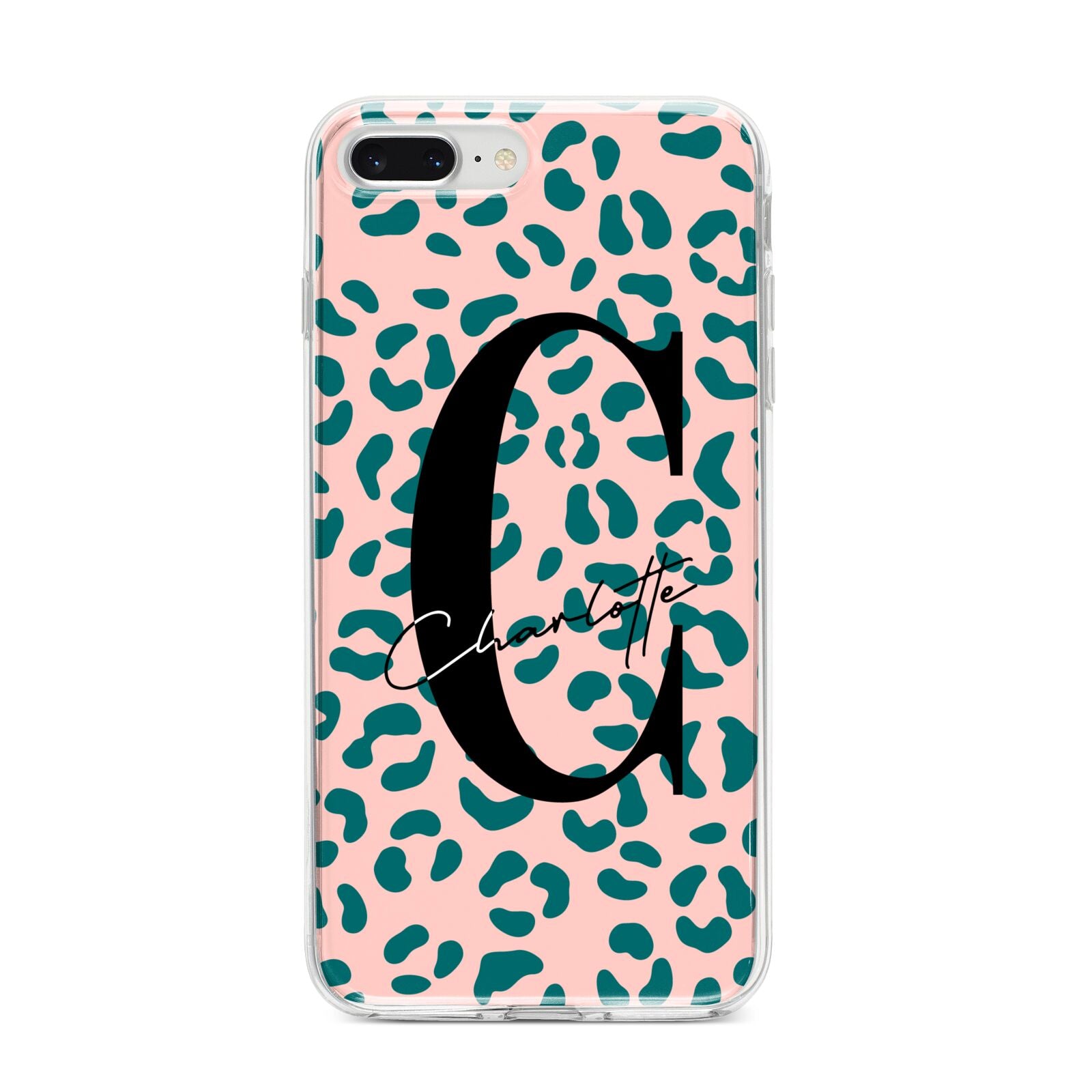 Personalised Leopard Print Pink Green iPhone 8 Plus Bumper Case on Silver iPhone
