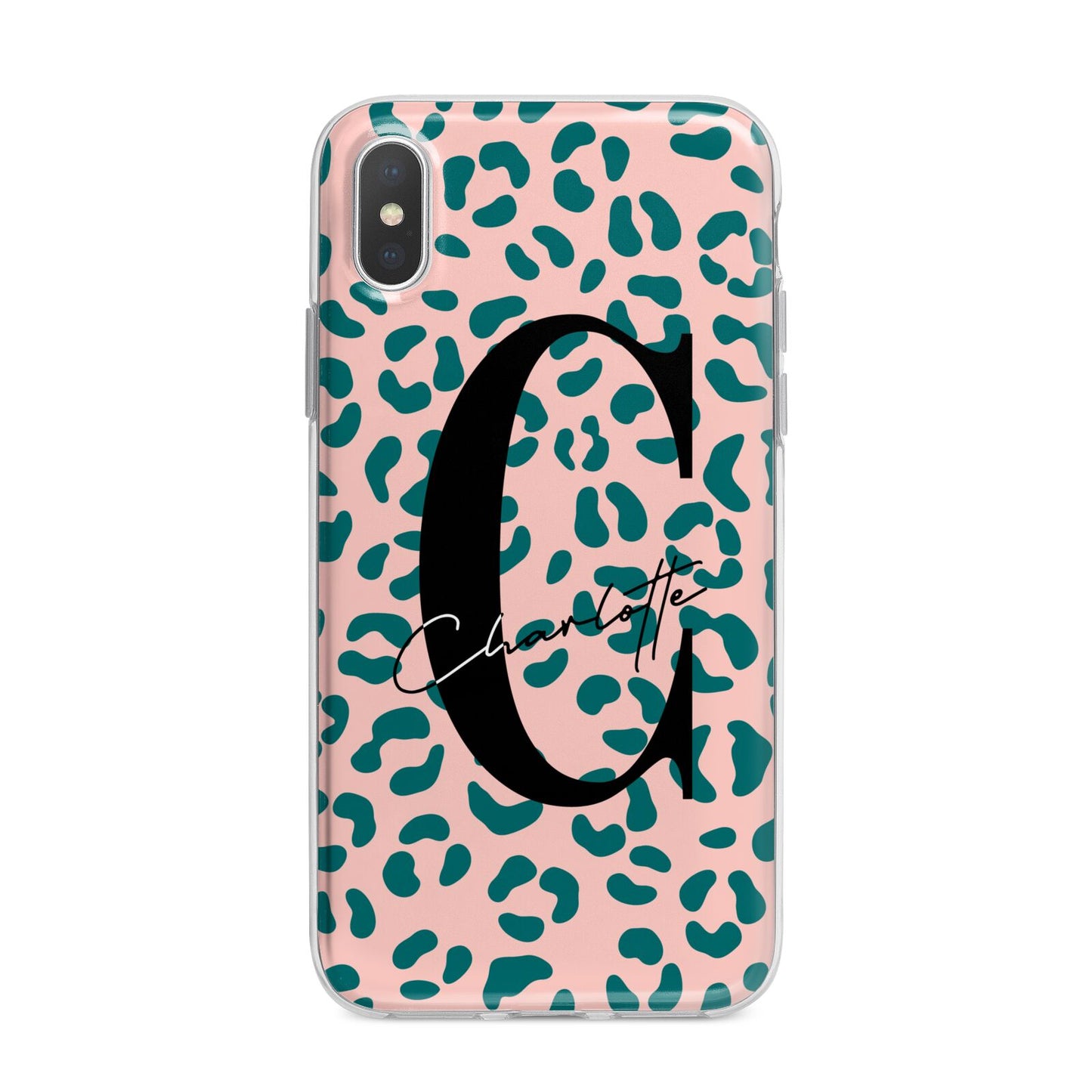 Personalised Leopard Print Pink Green iPhone X Bumper Case on Silver iPhone Alternative Image 1