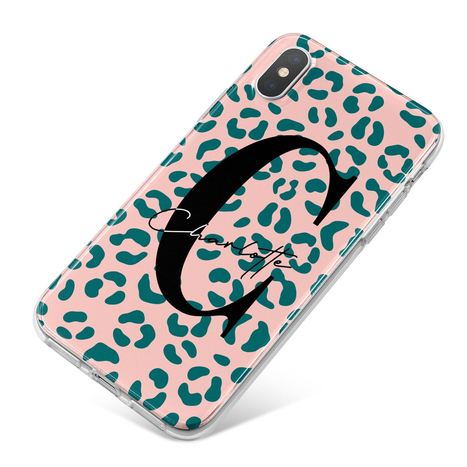 Personalised Leopard Print Pink Green iPhone X Bumper Case on Silver iPhone