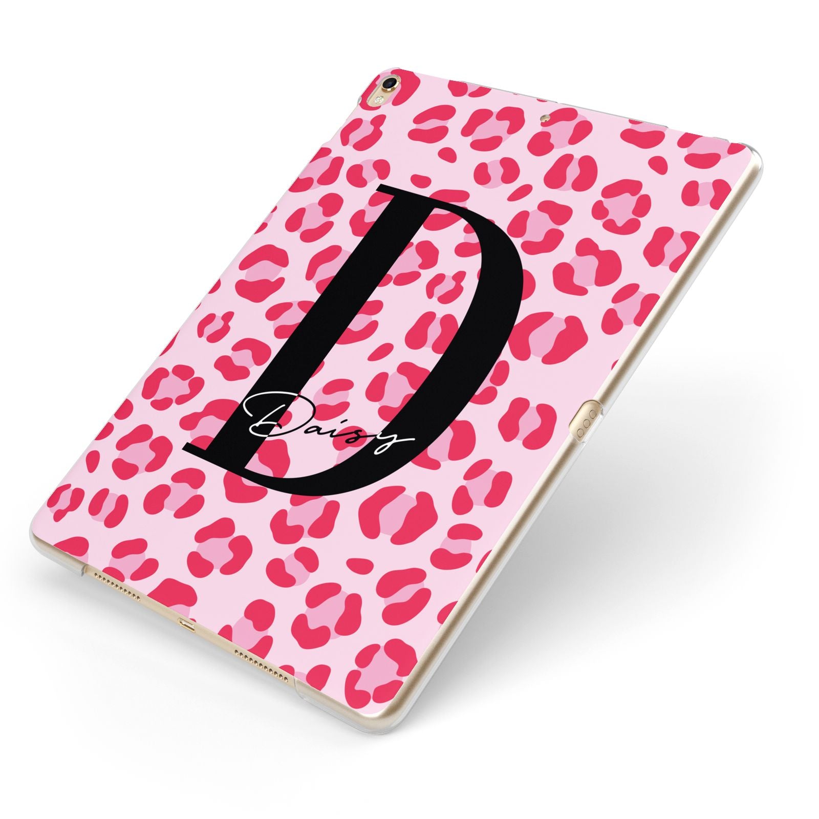 Personalised Leopard Print Pink Red Apple iPad Case on Gold iPad Side View