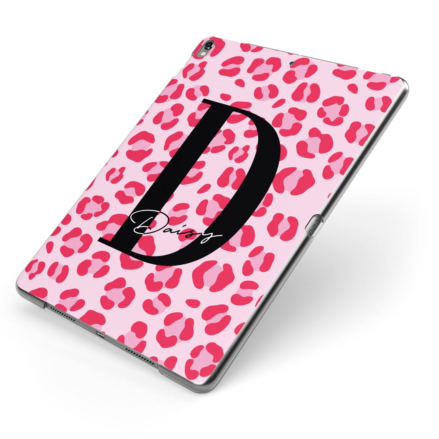 Personalised Leopard Print Pink Red Apple iPad Case on Grey iPad Side View