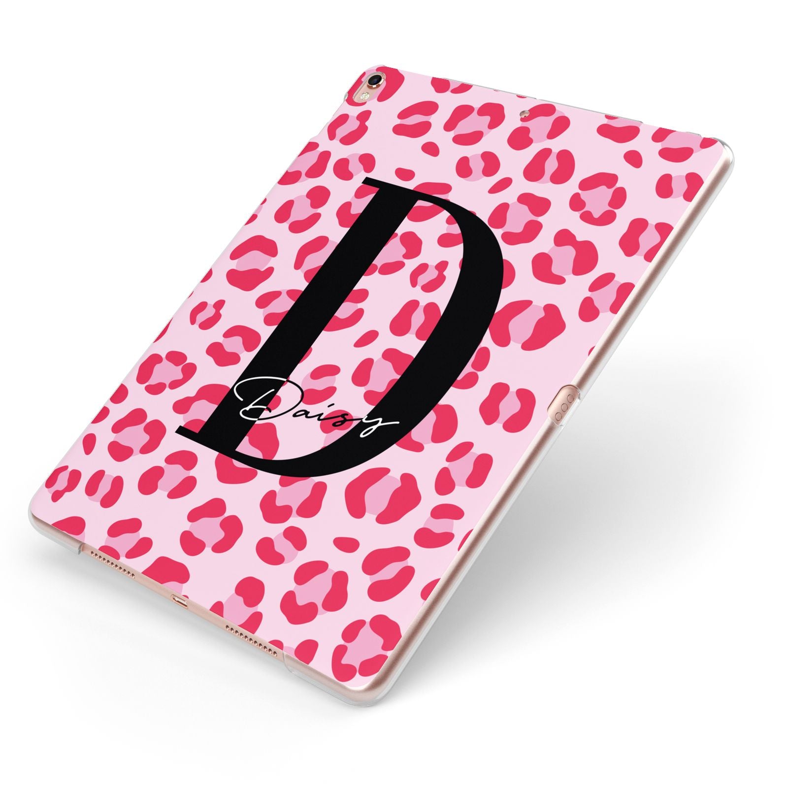 Personalised Leopard Print Pink Red Apple iPad Case on Rose Gold iPad Side View