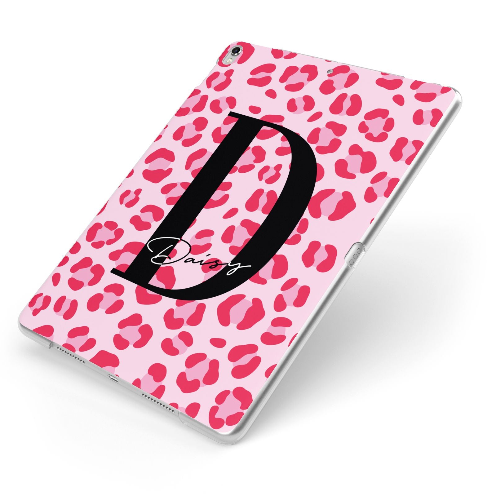 Personalised Leopard Print Pink Red Apple iPad Case on Silver iPad Side View