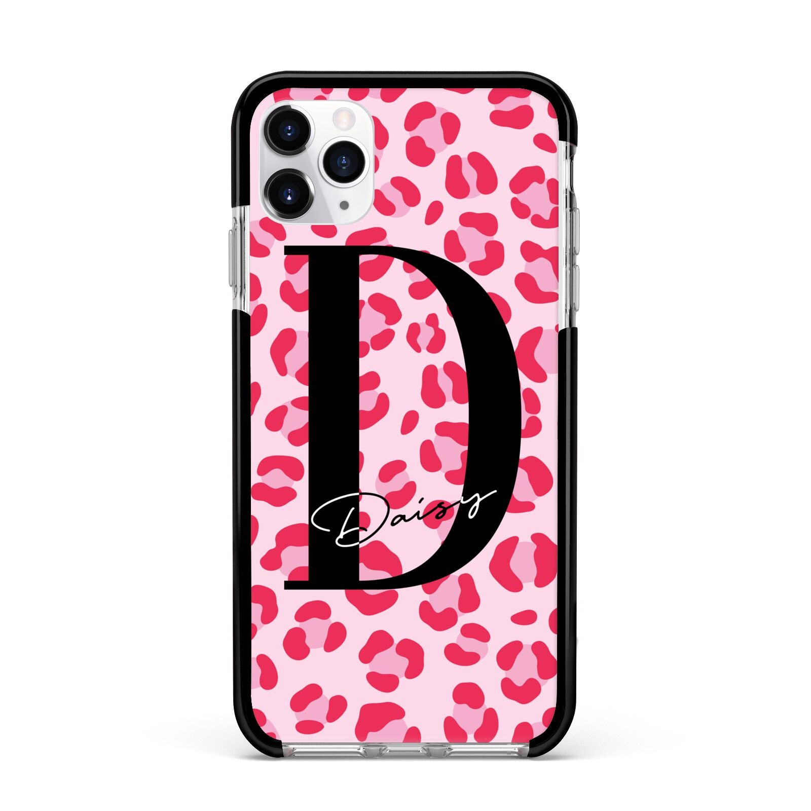 Personalised Leopard Print Pink Red Apple iPhone 11 Pro Max in Silver with Black Impact Case