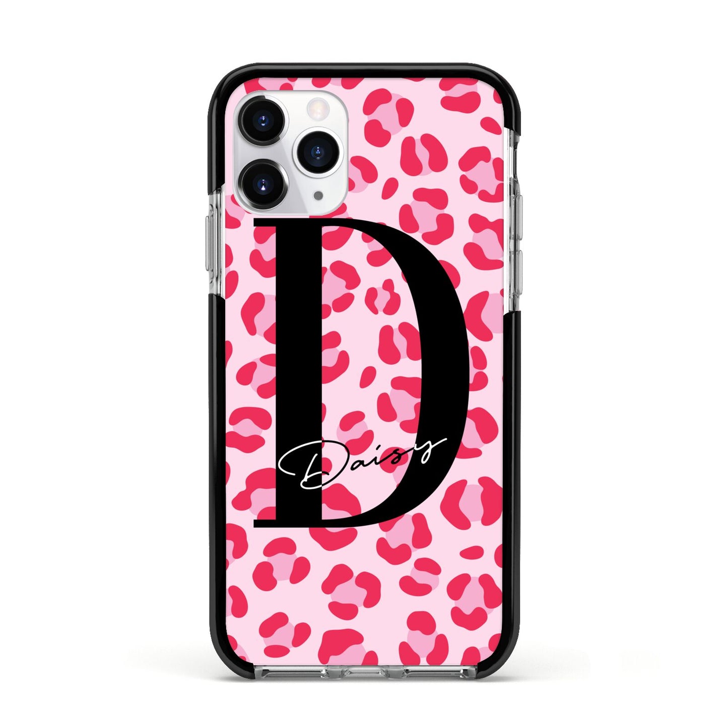 Personalised Leopard Print Pink Red Apple iPhone 11 Pro in Silver with Black Impact Case