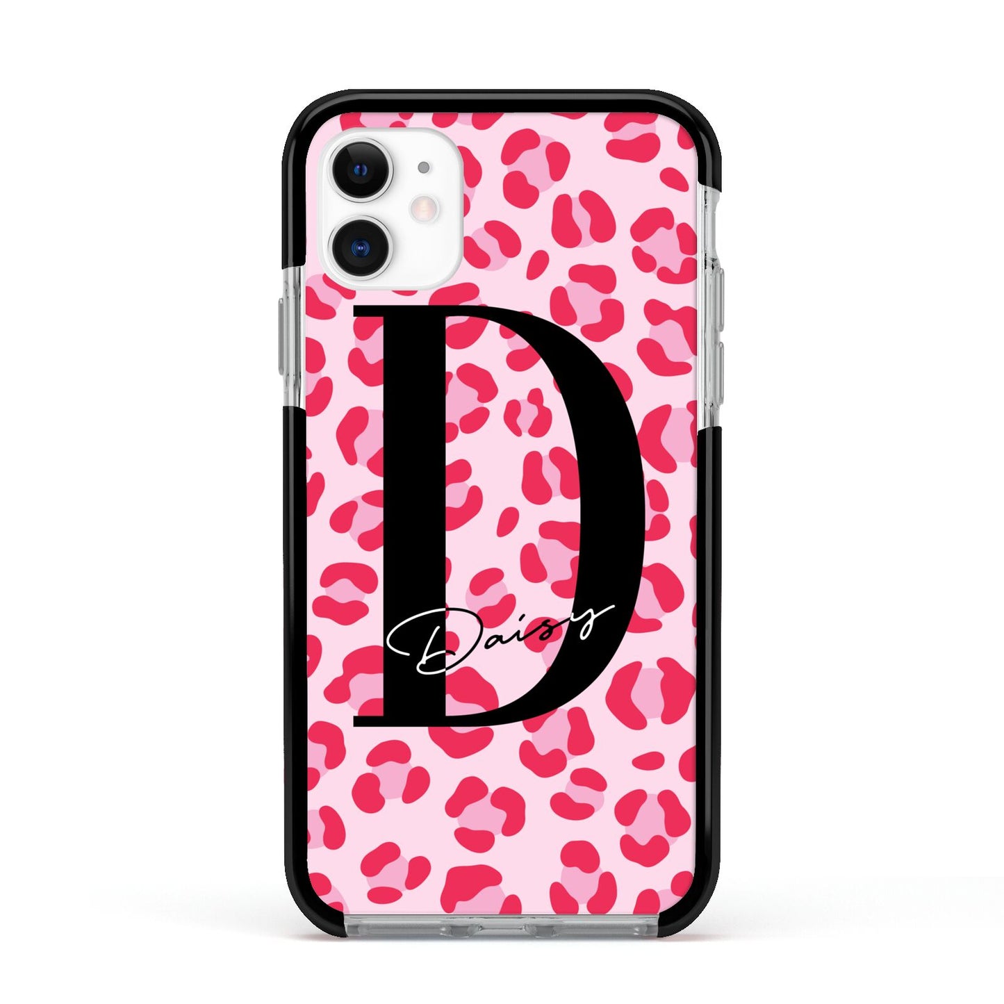 Personalised Leopard Print Pink Red Apple iPhone 11 in White with Black Impact Case