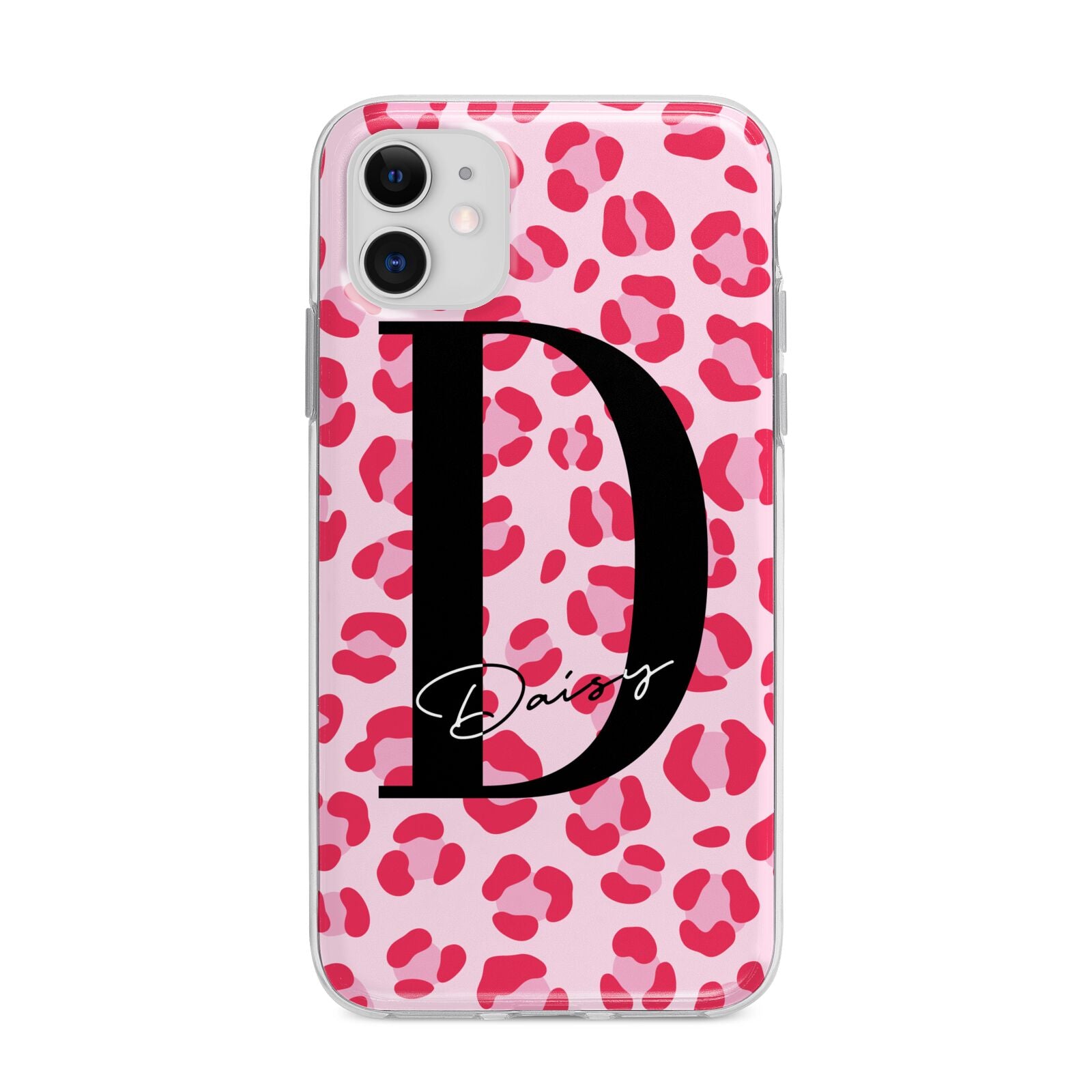 Personalised Leopard Print Pink Red Apple iPhone 11 in White with Bumper Case