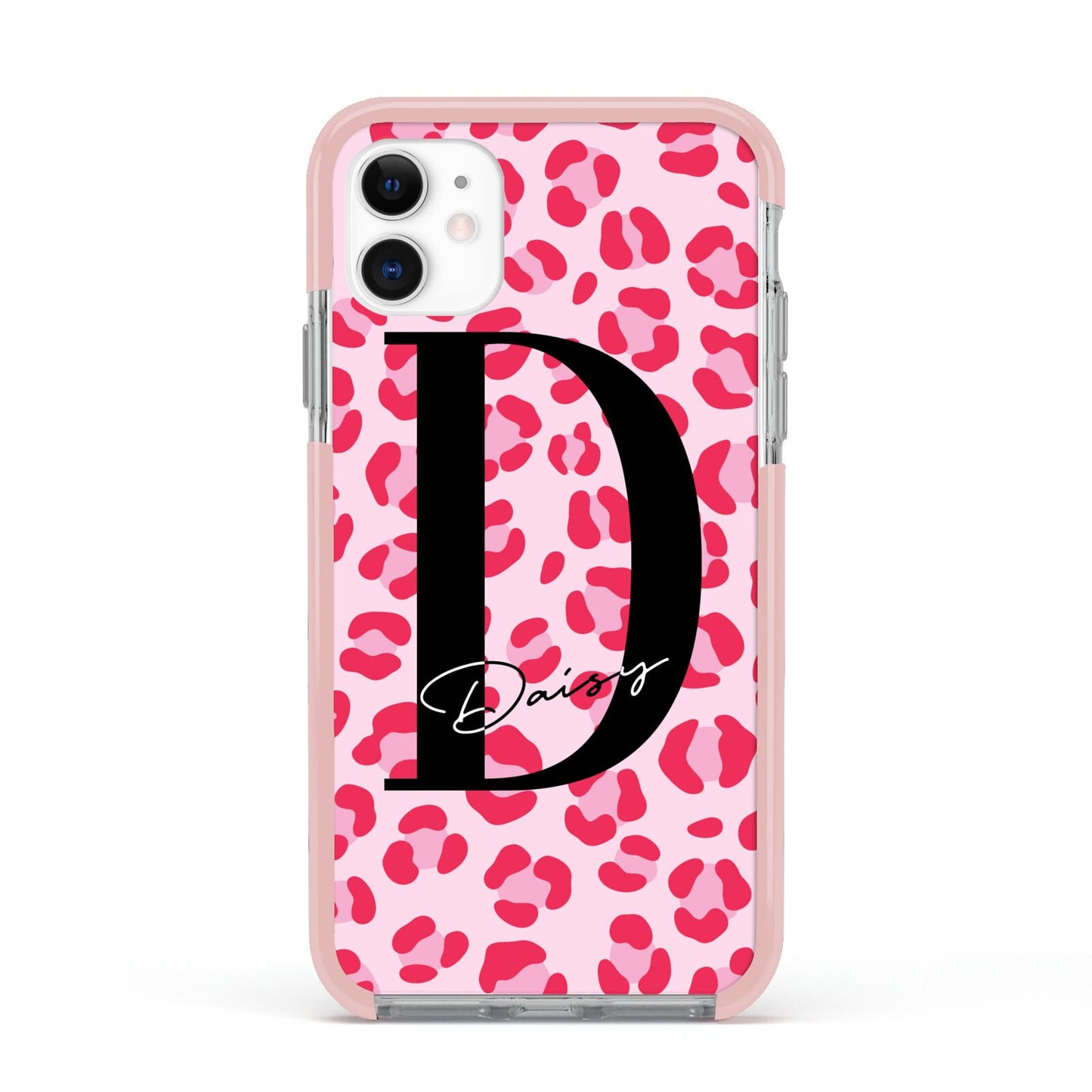 Personalised Leopard Print Pink Red Apple iPhone 11 in White with Pink Impact Case