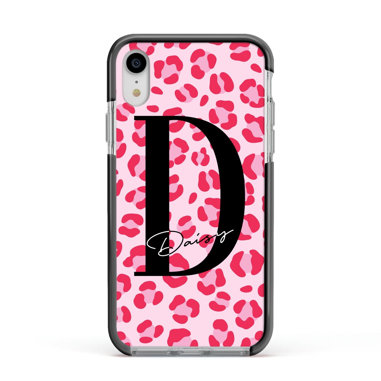 Personalised Leopard Print Pink Red Apple iPhone XR Impact Case Black Edge on Silver Phone